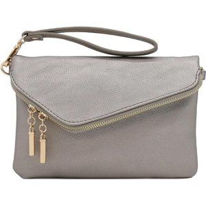 Trendy Leather Wristlet Clutch Crossbody Bag with Chain Strap Light Pewter